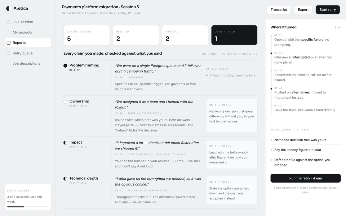 Session report screen: five claims tested, each with a quote from the transcript, a verdict and a task for the retry.